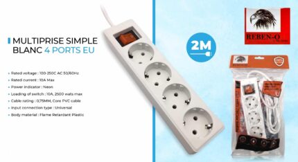 MULTIPRISE SIMPLE BLANC 4 PORTS EU (2M) M1001