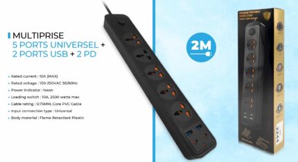 MULTIPRISE 5 PORTS UNIVERSEL +2 USB +2 PD (2M) M1005